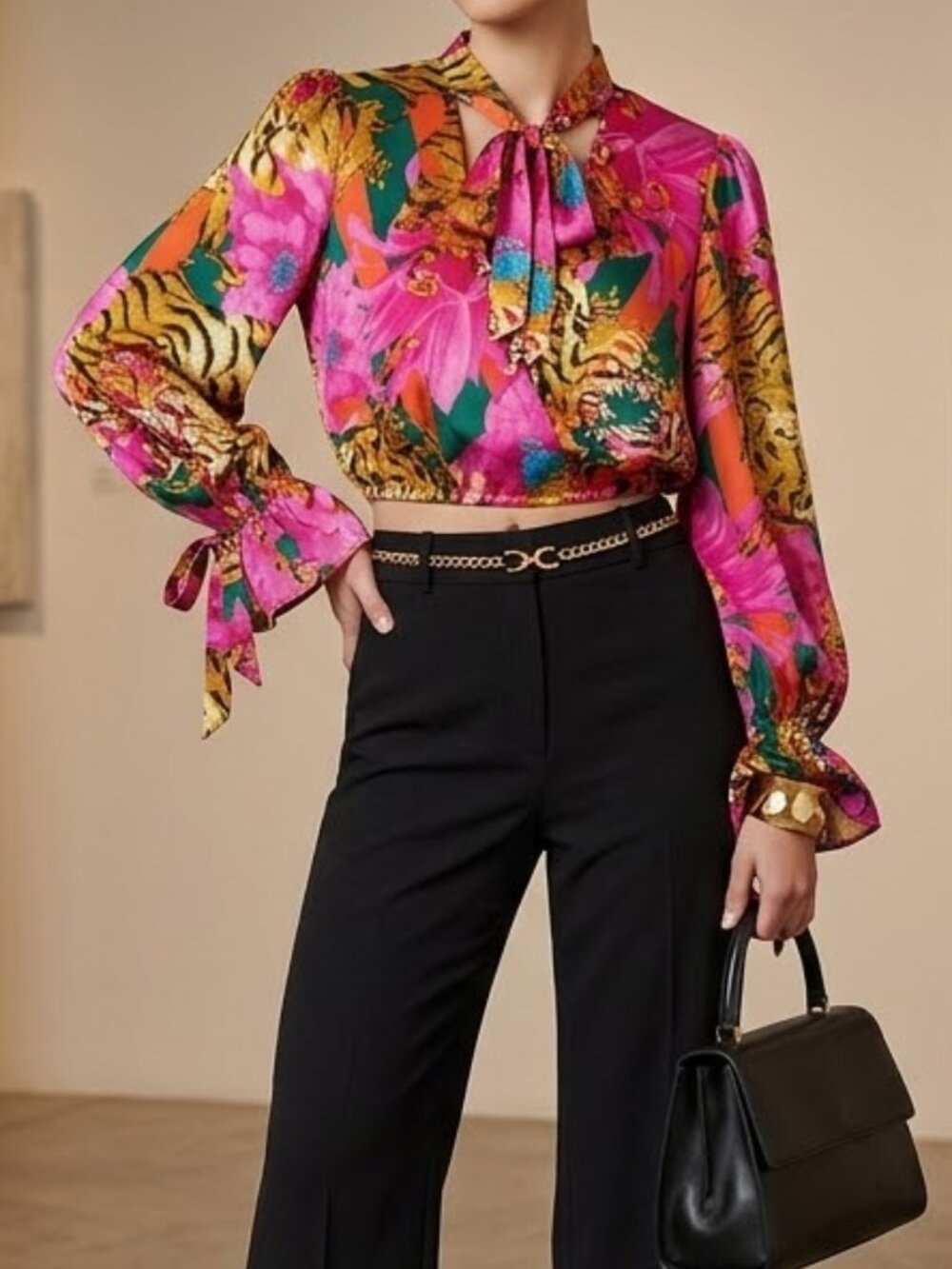 Dee Elly Raja Tiger Tie Neck Crop Blouse Hot Pink Floral Animal Print Size Large